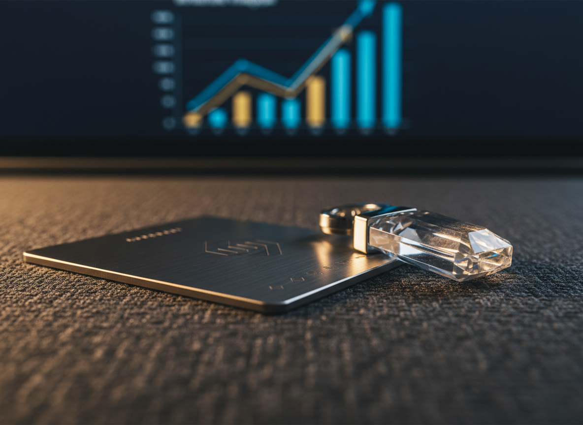 A close-up of a premium metal card and a crystal key fob resting on a charcoal-grey, textured desk pad, symbolizing financially qualified, luxury property buyers. In the near background, a blurred computer monitor displays stylized graphs rising steadily, with no readable text, hinting at strong conversion metrics. Warm, directional office lighting from the left adds soft highlights to the edges of the card and key fob, creating an upscale sheen and gentle shadows. Photographic realism, shot at a low angle with a shallow depth of field so the objects feel tangible and important. The mood is confident, exclusive, and distinctly high-end, ideal for a B2B acquisition firm.