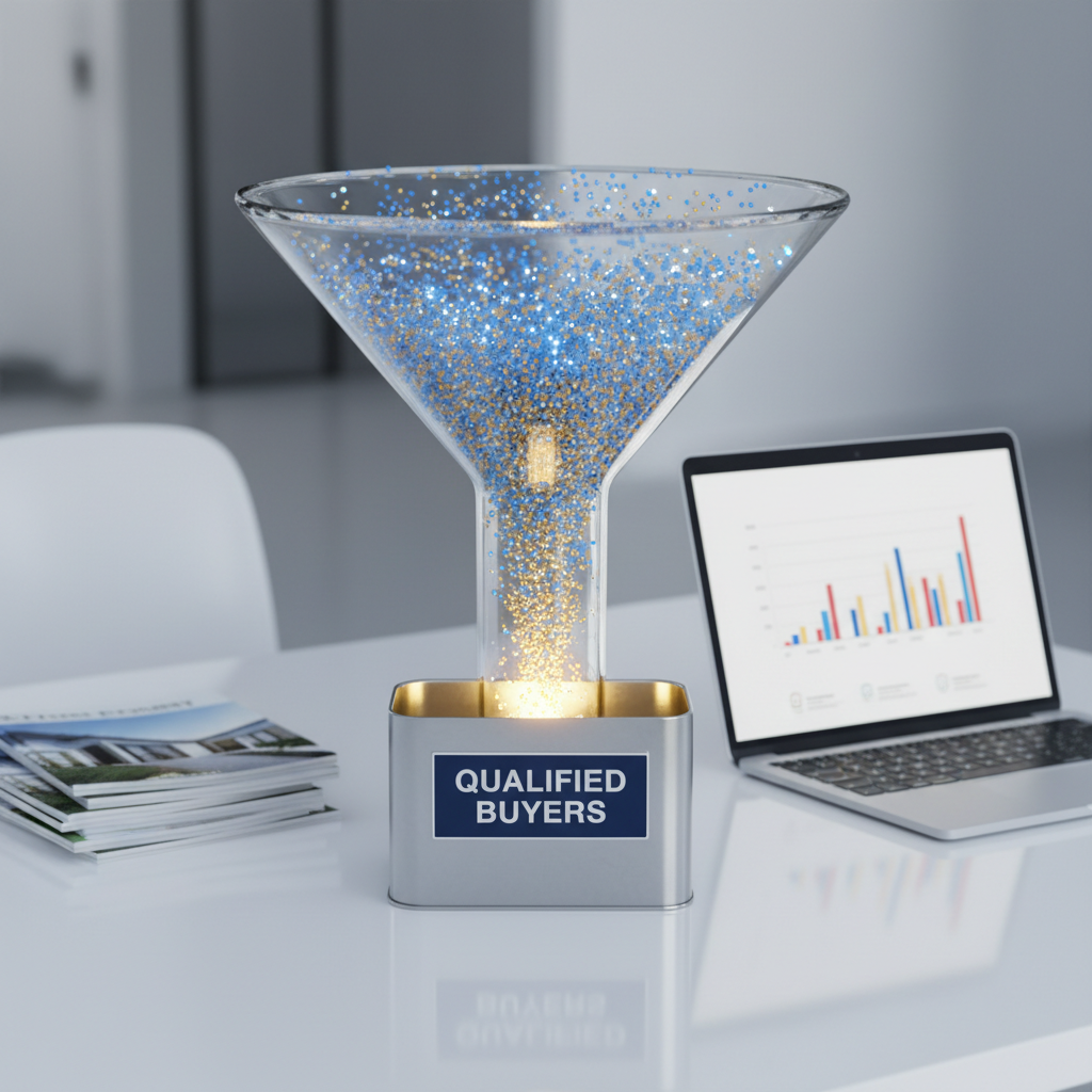 A large transparent funnel sculpture made of clear acrylic, positioned on a polished white desk, filled with tiny, luminous dots entering widely at the top and exiting as a concentrated, glowing stream into a labeled, metallic container symbolizing qualified buyers. Around the funnel, there are tidy stacks of printed property brochures and a slim laptop showing abstract charts without legible text. Cool, even studio lighting enhances the clarity of the acrylic, casting crisp shadows and reflections across the desk. Photographic realism, shot from an eye-level angle with balanced composition, conveying precision, efficiency, and the transformation from general interest to highly qualified real estate leads.