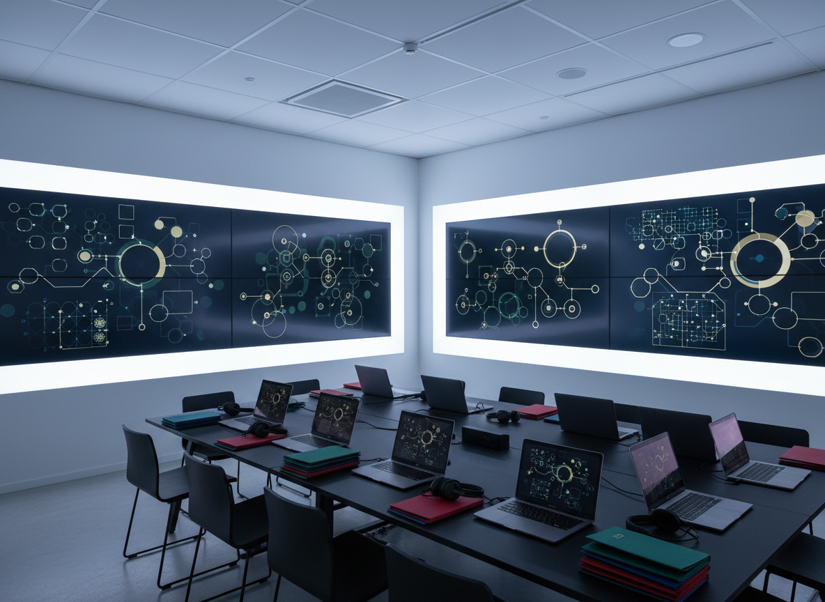 A wide shot of a minimalist operations war-room style space with multiple wall-mounted, frameless monitors showing clean, abstract visualizations of lead qualification stages for luxury properties, all without legible words. In the foreground, a long, matte-black table holds neatly arranged laptops, noise-cancelling headsets, and color-coded folders, all perfectly aligned to suggest process discipline and rigorous vetting. Cool, indirect ceiling lighting and a subtle glow from the monitors bathe the room in a focused, data-driven atmosphere. Photographic realism, captured from a slightly elevated corner angle with deep focus, emphasizing scale, organization, and the systematic nature of acquiring only genuinely interested, financially capable clients.