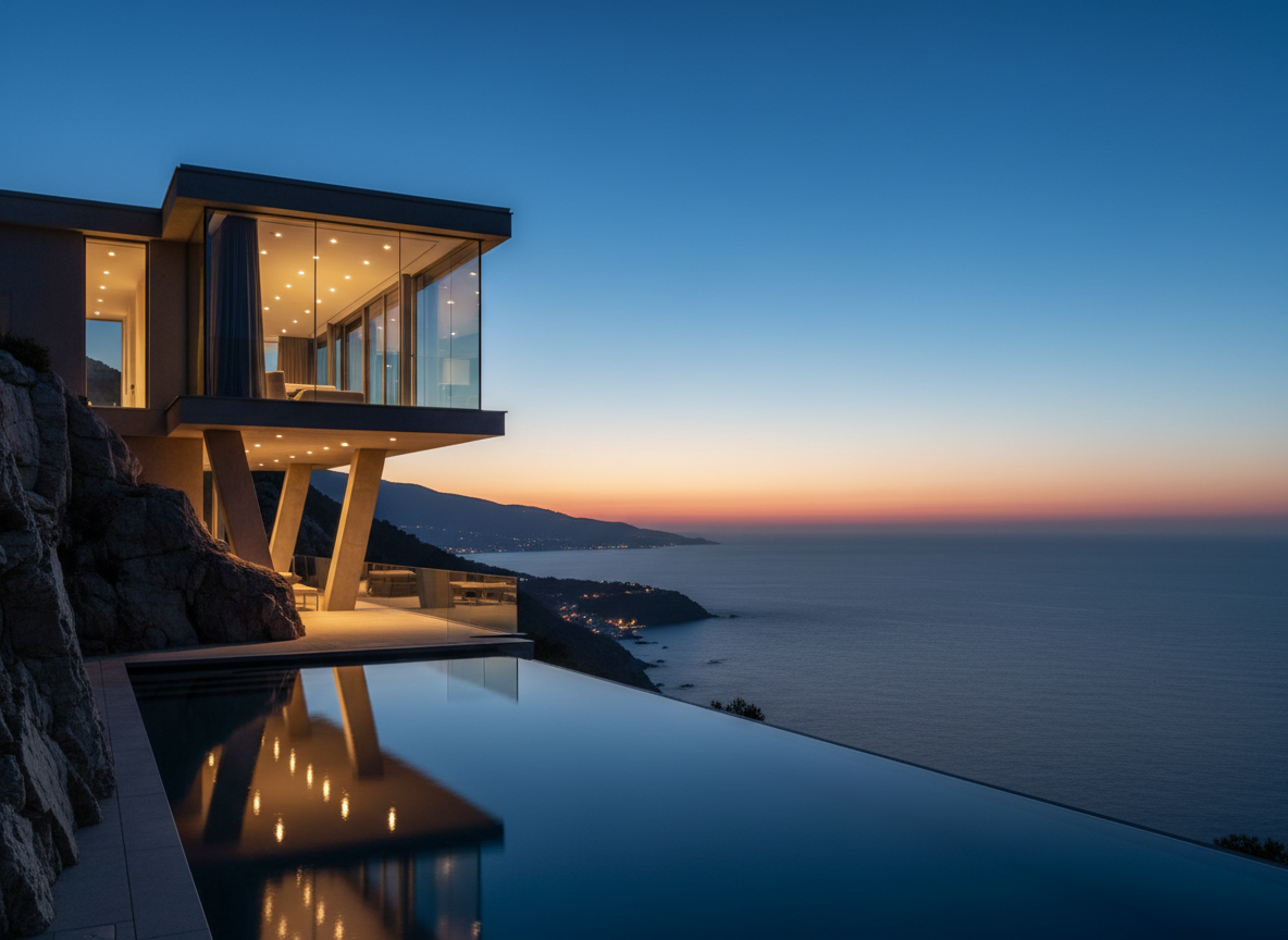 A dramatic architectural photograph of a luxury modern glass villa at dusk, glowing warm interior lights, an infinity pool in the foreground reflecting the sky, overlooking a calm sea and distant coastline.